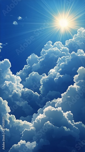 Bright Sunlight Shining Through Fluffy Clouds in a Clear Blue Sky During Midday