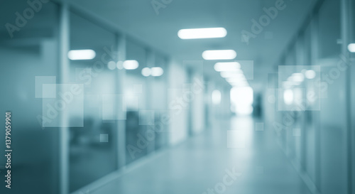 Wallpaper Mural  Abstract Hallway: Modern Office Space Blur with Geometric Overlay, Clean Lines & Blue Tones - Workplace, Interior, Architecture Torontodigital.ca