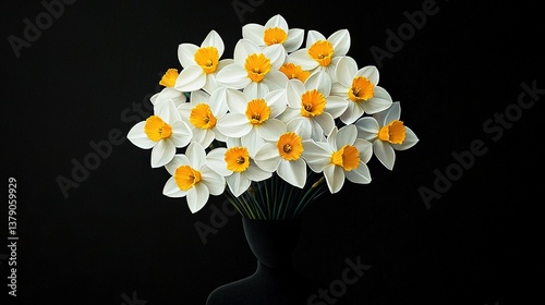   A black vase filled with yellow and white flowers against a black background