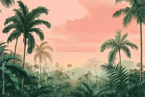 Palm tree jungle in morning landscape green background.
