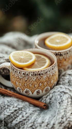 Cozy Drink With Lemon and Cinnamon Served in Decorative Mugs on a Knit Blanke...