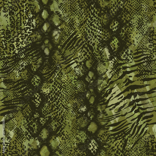 Mix animal skin prints. Leopard and zebra camo seamless pattern. 