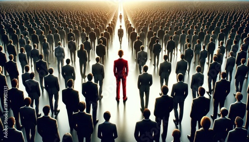 Individual in Red Suit Amongst Crowd of Identical Business Attire