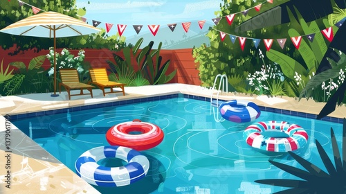 Summer Poolside Relaxation - A vibrant cartoon illustration of a backyard swimming pool scene, complete with inflatable rings, lounge chairs, and festive decorations