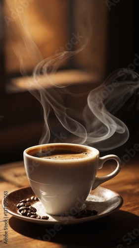 Steaming coffee cup on rustic wooden table