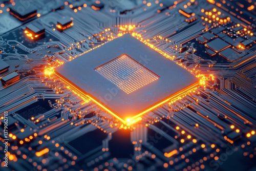 Close up of a Glowing Microprocessor on a High-Tech Circuit Board at Night