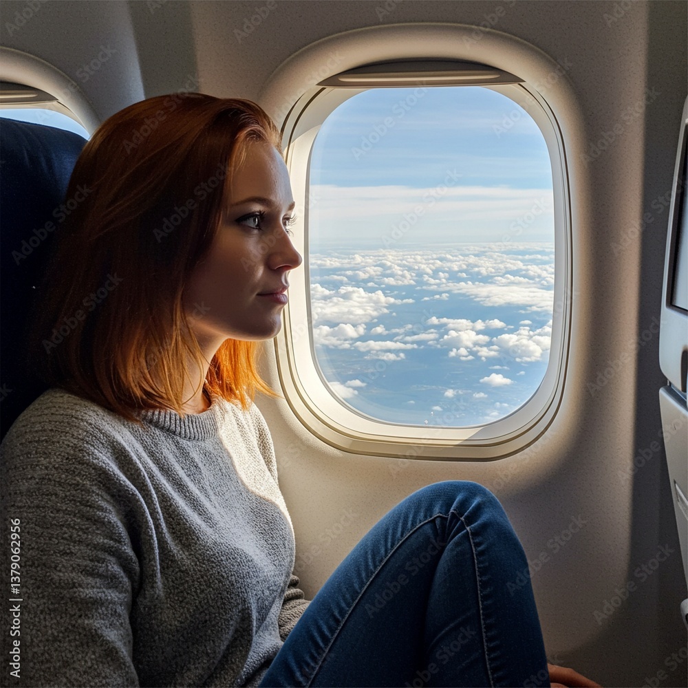 Fototapeta premium young woman is traveling by plane with her face looking out the plane window