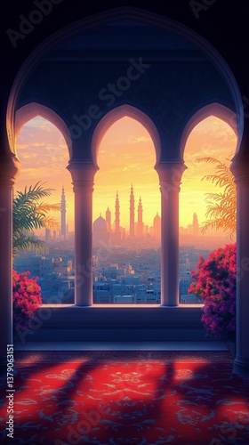 Sunset View Over a City Skyline Through an Ancient Window Frame at Golden Hour