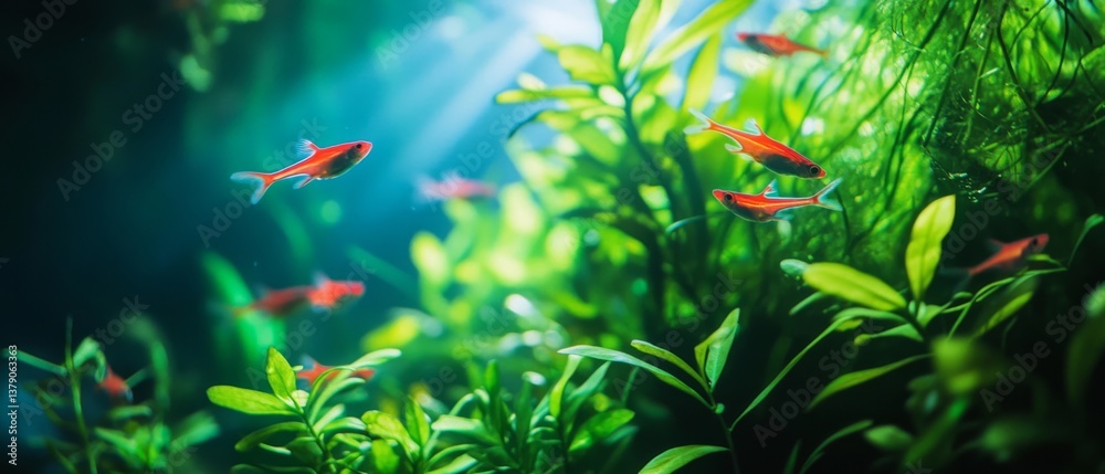 Underwater elegance unfolds as tiny red fish dart through luminous green plants, illustrating a vibrant aquatic ecosystem.