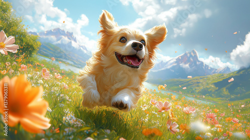 Joyful corgi frolics through a vibrant meadow filled with colorful flowers under a bright blue sky during a sunny afternoon in a serene mountain landscape