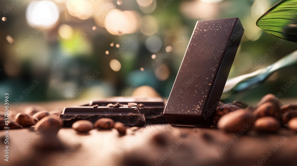 Dark chocolate bar surrounded by coffee beans with a blurred natural background during the afternoon light Dark chocolate bar surrounded by coffee beans with a blurred natural background during the afternoon light