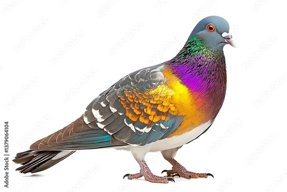 Fototapeta premium A stunning pigeon with radiant hues of gold, violet, and teal, soft feather details, and sharp contrast, ultra-detailed, isolated on solid white background.