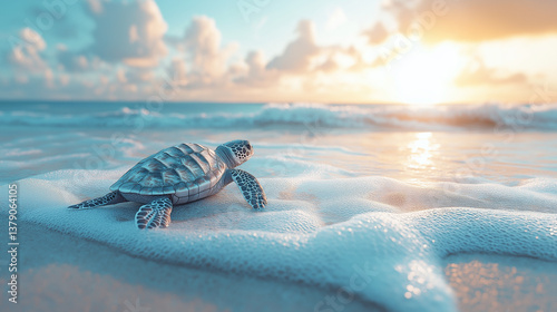 Journey of the little turtle on a beach at sunset, reflecting vibrant colors as it reaches the gentle waves. the concept of new possibilities