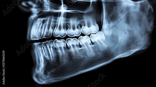 Detailed exploration of dental health through an x-ray image capturing the human jaw and teeth arrangement at a dental clinic.
