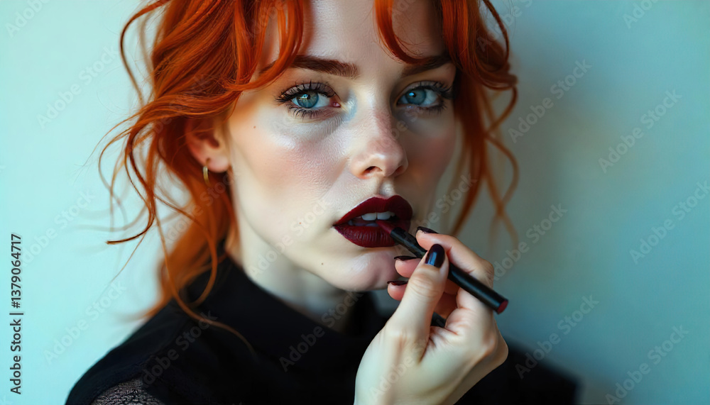 Fototapeta premium woman paints lips with lipstick, isolated on light background,