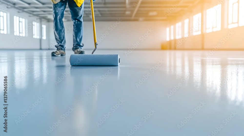 Naklejka premium Floor Finishing: Worker applying epoxy or sealant to a large concrete floor in a bright, spacious warehouse. Modern construction and renovation.