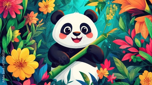 A cheerful cartoon panda holding a bamboo shoot, surrounded by vibrant, colorful flowers and foliage