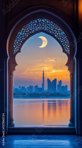 Beautiful Sunset Viewed Through an Ornate Window With Crescent Moon Over a Ci...