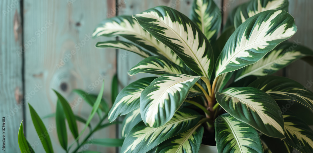 Fototapeta premium close-up view of a vibrant calathea plant with striking green and white patterned leaves