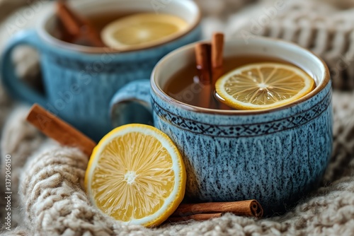 Warm Lemon Tea With Cinnamon Sticks Served in Dotted Mugs on a Cozy Blanket