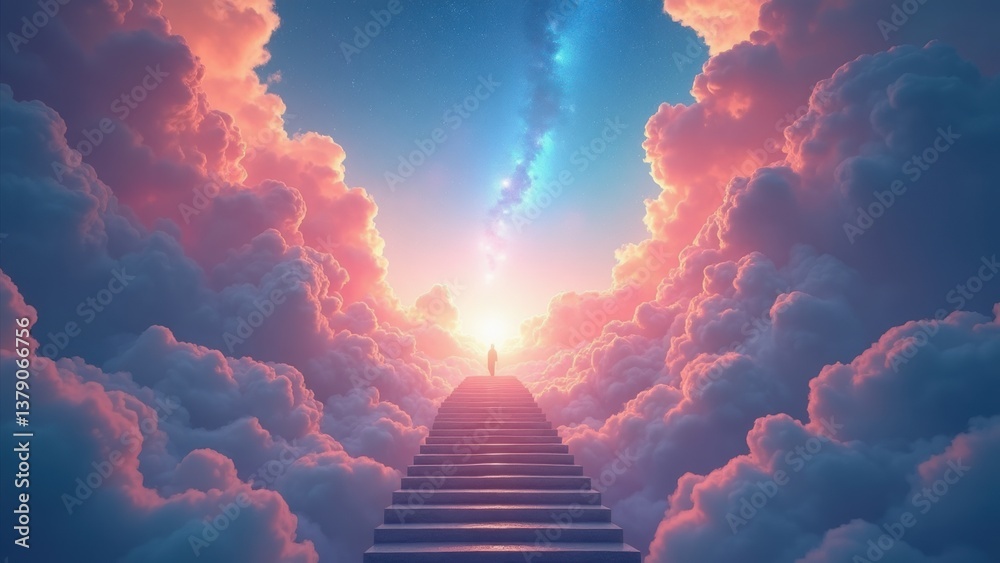 Ethereal staircase ascending through vibrant clouds towards a starry sky, symbolizing ascension and dreams