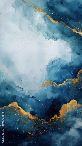Beautiful Abstract Painting With Blue, White, and Gold Colors Showcasing Vibr...