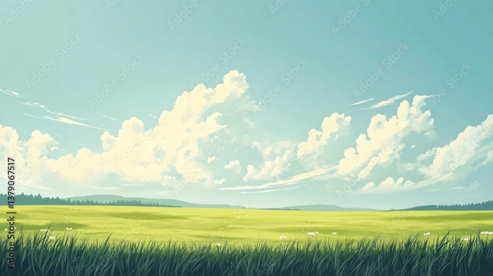 A beautiful green field with fluffy clouds in a clear blue sky A beautiful green field with fluffy clouds in a clear blue sky