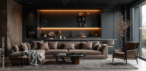 modern living room with taupe l-shaped sofa and sleek dark kitchen