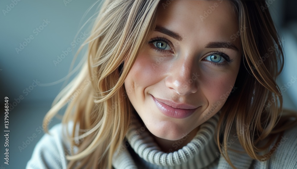 Young woman with bright blue eyes smiles warmly in a cozy indoor setting during daytime Young woman with bright blue eyes smiles warmly in a cozy indoor setting during daytime