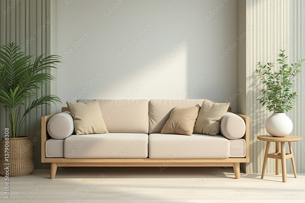 Fototapeta premium beige sofa with cushions in a minimalist living room setting