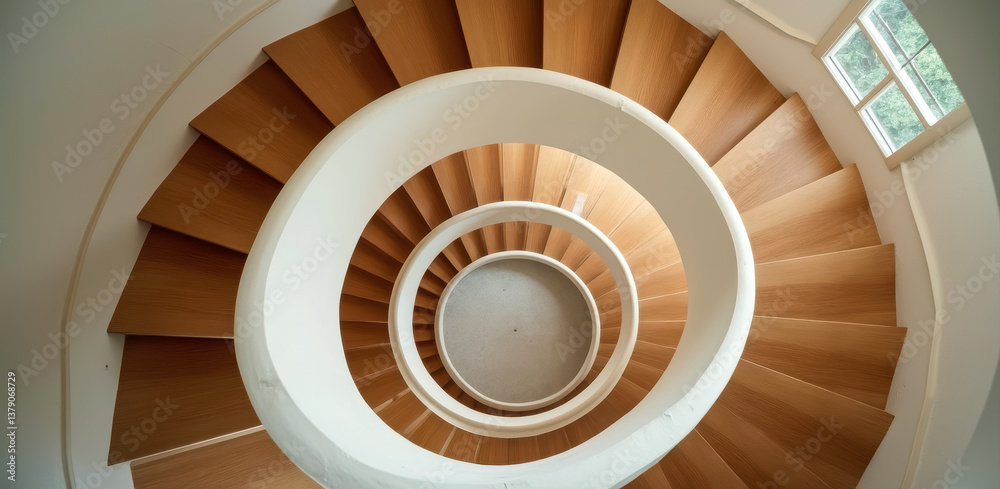 Fototapeta premium modern spiral staircase with light brown wooden steps and a white circular wall.