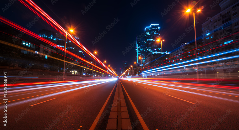 Fototapeta premium City Lights in Motion: Capturing the Urban Nightscape with Long Exposure Photography. Red, Blue, and Yellow Light Trails on Empty Asphalt Road.