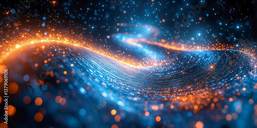 Abstract cosmic illustration showcasing a vibrant swirl of blue and orange hues with sparkling stars