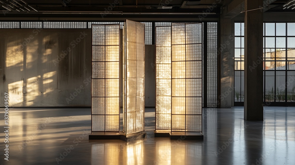 Illuminated screens in modern loft, sunset light