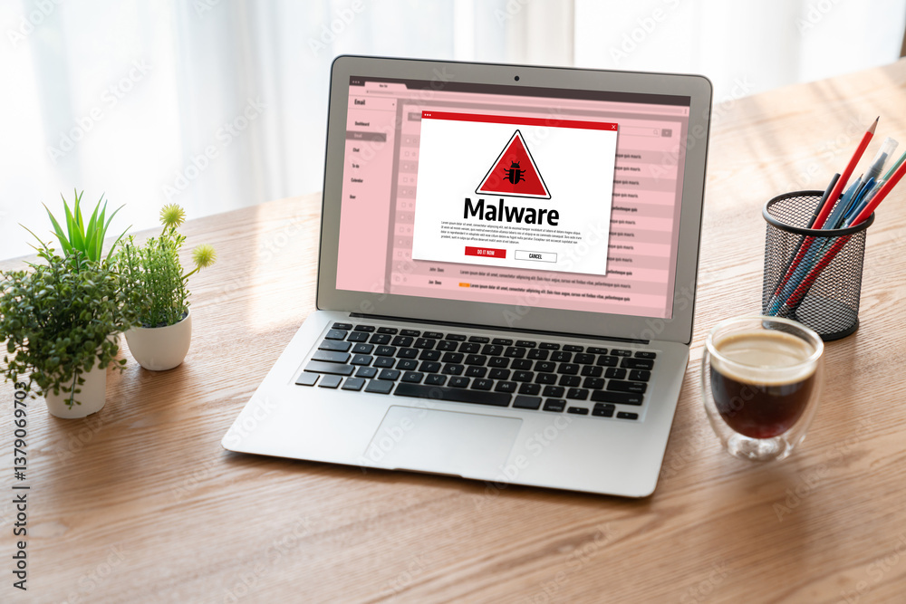 Cyber attacking concept. Malware alert showing on computer screen display scam and threat detection on computer system or online server to be removed snugly.