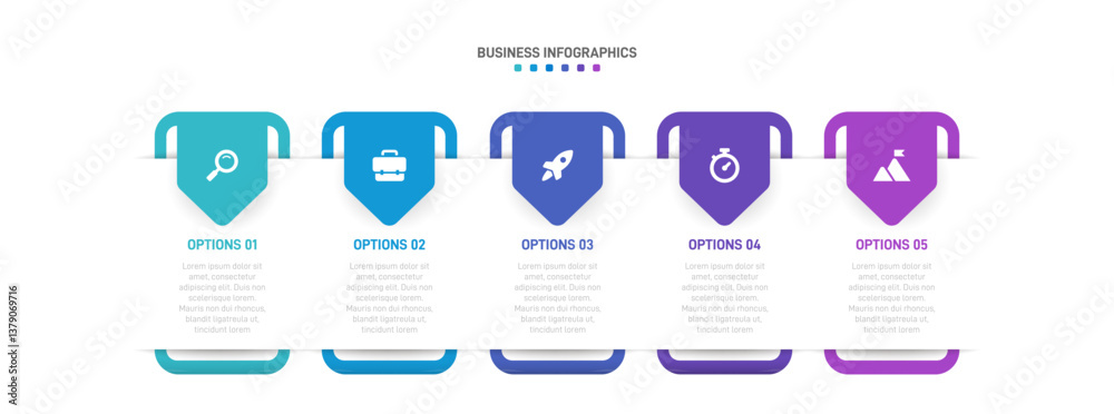 Horizontal progress bar featuring 5 arrow-shaped elements, symbolizing the five stages of business strategy and progression. Clean timeline infographic design template. Vector for presentation