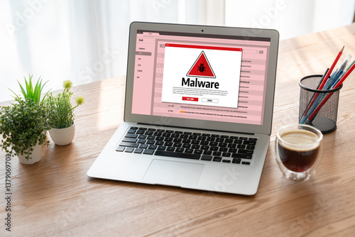 Obraz na płótnie Cyber attacking concept. Malware alert showing on computer screen display scam and threat detection on computer system or online server to be removed snugly. w salonie