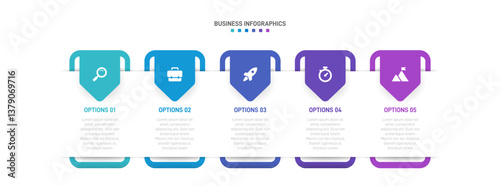 Horizontal progress bar featuring 5 arrow-shaped elements, symbolizing the five stages of business strategy and progression. Clean timeline infographic design template. Vector for presentation