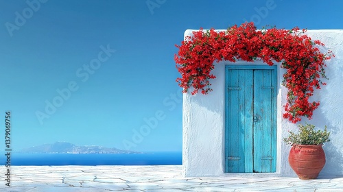  Blue-and-white bldg w/blu dor & red flwrs on door & rd ptplnt photo