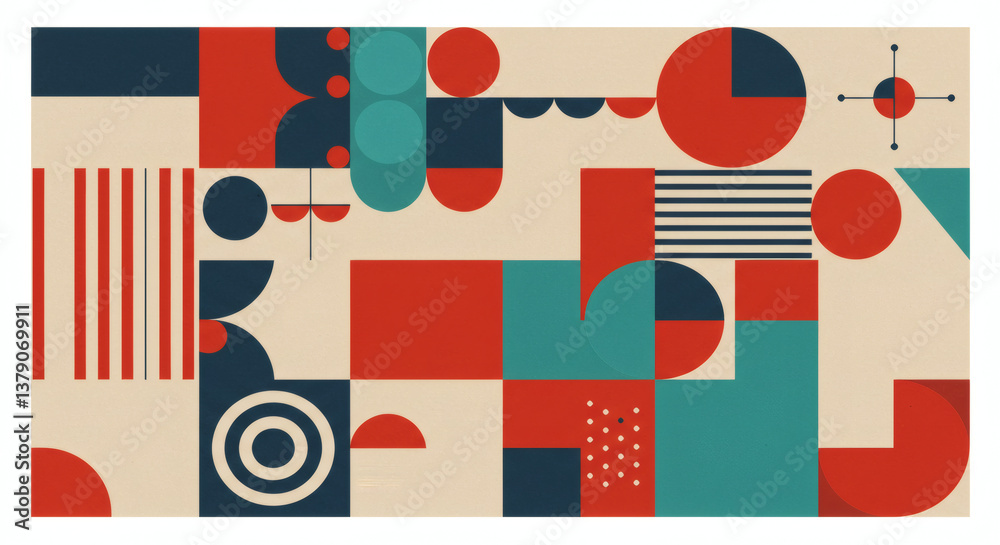 Abstract Geometric Art Red, Teal, and Beige Mid-Century Modern Design