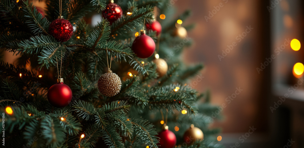 close-up of a decorated christmas tree with red and gold ornaments