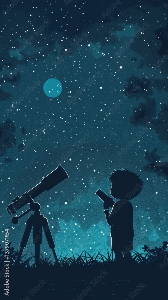 Naklejka premium Child gazing at night sky through telescope