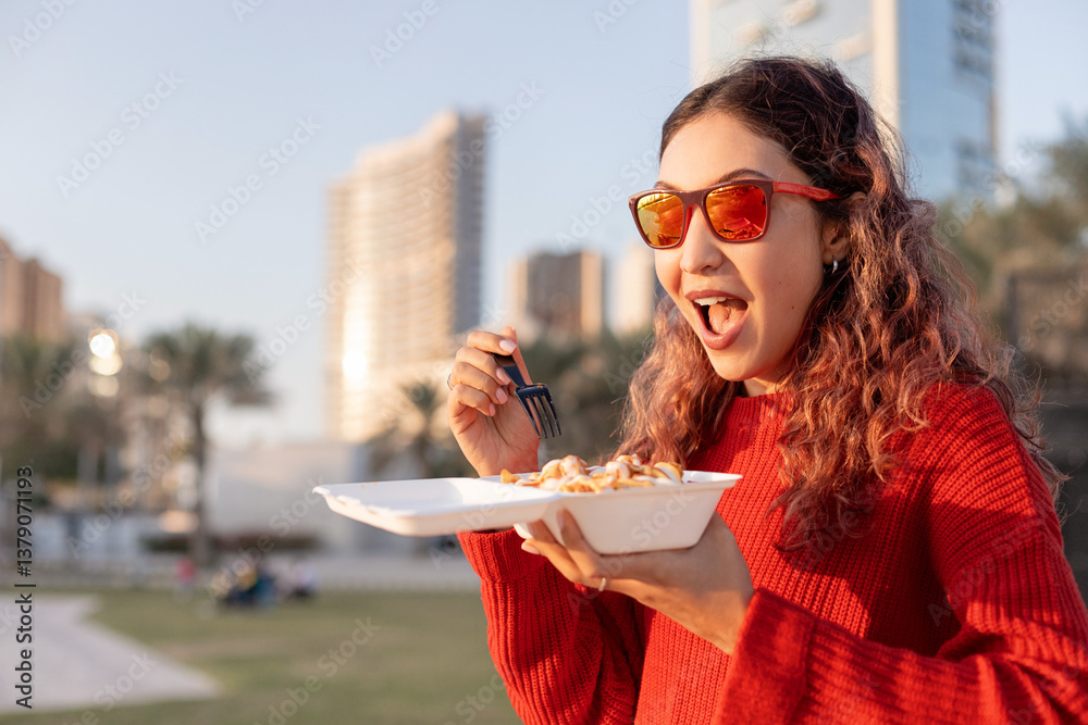 Happy young woman enjoying street food in a city park, holding a takeaway box and savoring delicious meal