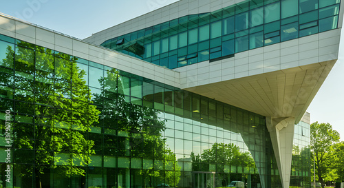 Modern Green Architecture: Glass Building Reflecting Nature's Beauty - Sustainable Design & Urban Landscape Photography