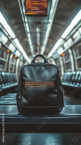 Backpack Placed on the Seat of an Empty Subway Train During the Day