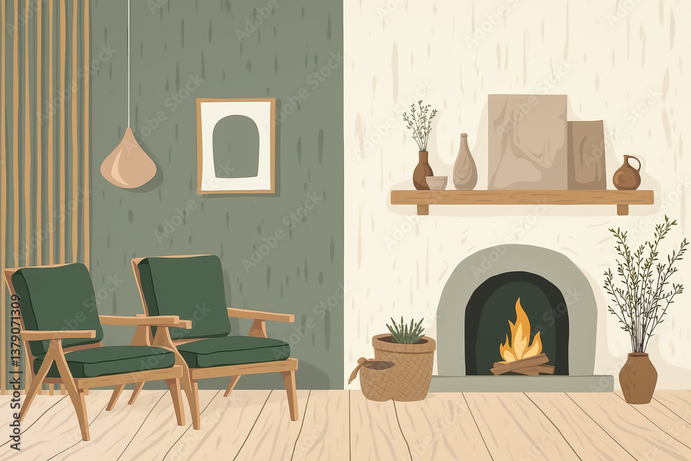 Obraz premium two green armchairs in a cozy living room with a fireplace