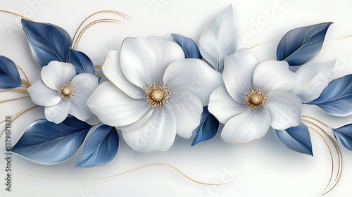 Stylish white floral triptych with blue and gold accents for home decor image