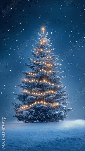 Beautifully Lit Christmas Tree in a Snowy Landscape Under a Starry Night Sky