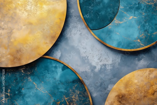 Abstract Composition of Metallic Gold and Turquoise Circles on a Textured Bac...