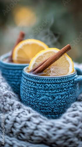 Cozy Drink With Lemon and Cinnamon Served in Decorative Mugs on a Knit Blanke...